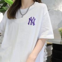 เสื้อยืด ผ้าฝ้ายแท้ ปักลายโลโก้ MLB NY ของแท้ สําหรับผู้ชาย และผู้หญิง S-5XL