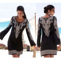 【cw】 AliExpress eabyi Best-Selling Dress Deep Ｖ Collar Loose Printed Long Sleeve Casual Beach Dress 1826 ！