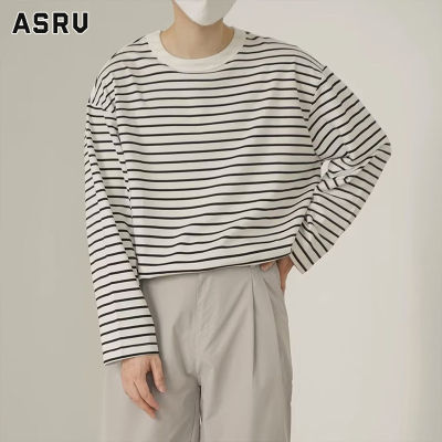 ASRV เสื้อยืดผู้ชาย เสื้อผ้าผู้ชาย t shirt for men เสื้อยืดแขนยาวพิมพ์ลายคอกลมลายทางวินเทจของผู้ชายเสื้อสเวตเตอร์บางสไตล์ลำลองญี่ปุ่นทรงหลวม