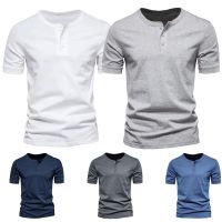 【CW】Men Henley Collar T Shirt V-Neck Short Sleeve Tops Breathable Tee Shirt Solid Color Mens Clothing Summer Casual Tank Top Tee