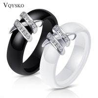 New Arrival 6mm High Quality Black And White Simple Style Two Line Crystal Ziron Ceramic Rings For Women Fashion Jewelry Gift