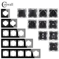 ▧ COSWALL HG Series Black Glass Panel Wall Light Switch EU Standard Socket USB Charging CAT6 Internet Satellite TV Module DIY