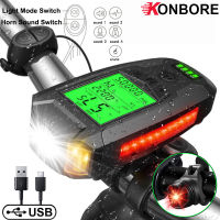 5 In 1 Waterproof Bike Light USB Charge Bicycle Light With Bicycle Computer LCD Speedometer Odometer 5 Modes Horn Cycling Light