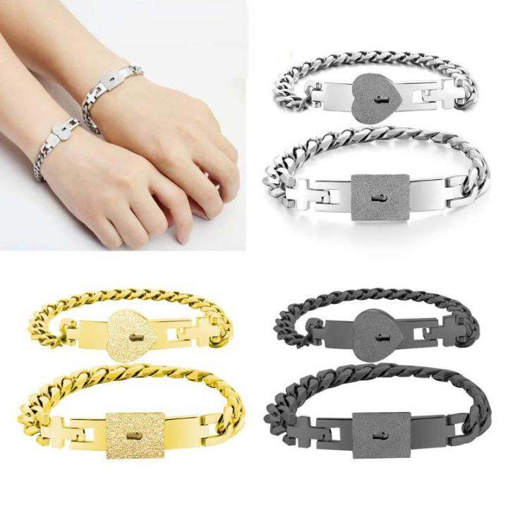 สร้อยข้อมือคู่2pcs-silverเหล็กกล้าไร้สนิมloverหัวใจล็อครักสร้อยข้อมือกุญแจล็อคกำไลข้อมือชุดคู่ชุดเครื่องประดับของขวัญ