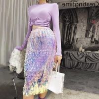 【CW】 Creatingtime Korean Tassel Patchwork Skirt Soild Color Elastic Waist A line 2023 New GA783