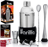 Barillio Elite Cocktail Shaker Set Bartender Kit 24 oz Stainless Steel Martini Mixer, Muddler, Mixing Spoon, jigger, 2 liquor pourers, Velvet Bag, Recipes Booklet &amp; eBook