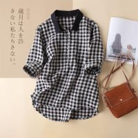 Spot parcel post Export Clearance High-End Foreign Trade Big nd Cut Label Cotton Linen Plaid Half Sleeve Shirt Summer Loose Pullover Top