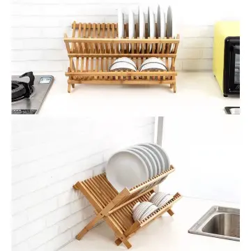 Dish Rack,Bamboo Folding 2-Tier Collapsible Drainer Dish Drying Rack With  Utensils Flatware Holder Set (Dish Rack With Utensil Holder)