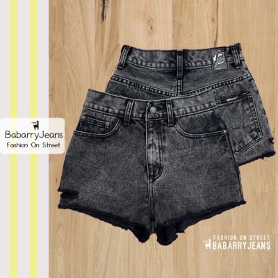 [พร้อมส่ง] BabarryJeans ยีนส์ขาสั้น เอวสูง ปลายรุ่ย กรีดขาดข้าง สียีนส์ดำสโนว