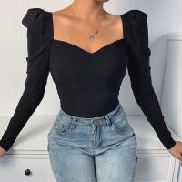 GREMISS Elegant Square Collar Women Autumn Shirts Solid Color Puff Sleeve Slim Blouses Tops Sexy V-Neck Long Sleeve Shirt