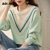 AOLINA ฤดูใบไม้ร่วง2022ใหม่ Hollow Lace Splice Contrast เสื้อกันหนาวผู้หญิงรอบคอ Pullover Drop ไหล่แขนยาว Top