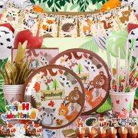 ⊕ Forest Animal Theme Party Fox Hedgehog Pattern Kids Animal Birthday Party Disposable Tableware Paper Plate Napkin