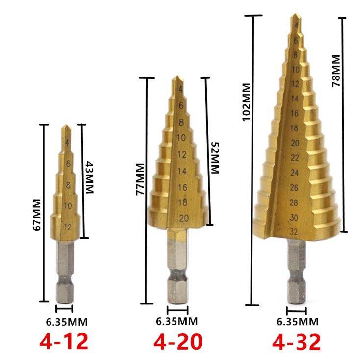 4-12-20-32mm-hss-titanium-coated-step-drill-bit-drilling-power-tools-metal-high-speed-steel-wood-hole-cutter-step-cone-drill