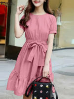 ZANZEA ฤดูร้อนโบฮีเมียน Ruffles Hem Dress ผู้หญิงแขนสั้น OL ทำงาน Sundress Casual Belted Party เข่า-ความยาว Vestido