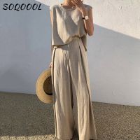 【DT】hot！ Cotton Sleeveless O-Neck Top Wide Leg Pants Piece Sets Office Ladies Loose Outfits