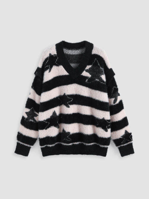 Cider Stripe Star Pattern Oversized Knitted Sweater Lazada.co.th