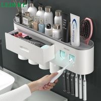 Magnetic Adsorption Inverted Toothbrush Holder Double Automatic Toothpaste Squeezer Dispenser Storage Rack Bathroom Accessories