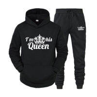 คู่ Tracksuit King Queen พิมพ์ Casual Hoodies ชุดเสื้อกันหนาวกีฬา Hooded Pullover ชุด Lover Hoodie และกางเกง2ชิ้น