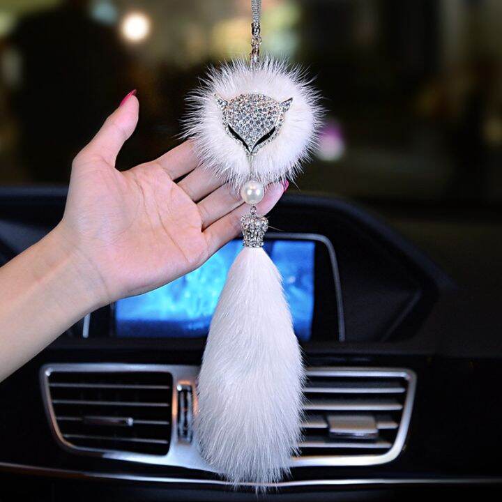 dfthrghd-car-crystal-bling-fox-plush-fur-tail-ball-pendant-animal-car-interior-decoration-rear-view-mirror-ornament-accessories-for-women