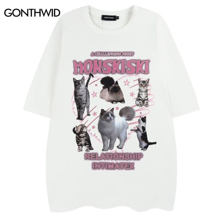 harajuku-tshirt-ครอบครัวแมวกราฟิกพิมพ์-streetwear-เสื้อ-t-ชาย-hip-hop-แฟชั่นสบายๆผ้าฝ้ายเสื้อ2023เสื้อแขนสั้น