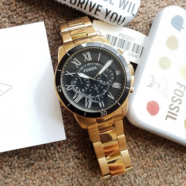 Fossil Grant Sport Chronograph Black Dial 44mm Gold Tone Men s