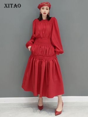 XITAO Dress  Temperament Solid Color Women Long Sleeve Pleated Slim Dress