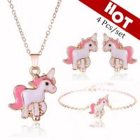 4 in Pink Girls Xmas Jewelry Gift1 Earring and Necklace Set Cartoon Unicorn Necklace Earrings Jewelry