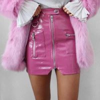 Feiernan Y2K Faux Leather Skirt Zip Up Mini Skirts for Women Pink High Waisted A-line Bottoms Punk Style Slim y Streetwear