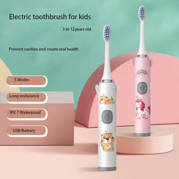 รูปการ์ตูนแปรงสีฟันไฟฟ้าพลังคลื่นเสียงตั้งเวลาสำหรับเด็ก4ชิ้นเปลี่ยนหัวแปรงสีฟันแปรงสีฟันอัลตราโซนิก-usb-แบตเตอรี่
