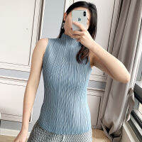 Issey Miyak Miyake Pleated Top Sleeveless Pp Series High Collar Cut Sleeve All-Match Base T-Shirt Womens Vest