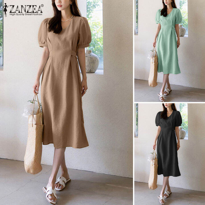 สินค้ามาใหม่-จัดส่งฟรี-fancystyle-zanzea-ชุดซันเดรสทรงเอไลน์หลวมสำหรับวันหยุดชุดคอตัว-o-แขนพองสั้นสไตล์เกาหลีของผู้หญิง-10