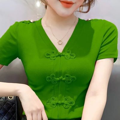 GWWY3817เสื้อยืดแขนสั้นผู้หญิง2021ฤดูร้อนใหม่สไตล์จีน Top Trendy Retro หัวเข็มขัดชาติพันธุ์แฟชั่นสไตล์อินเทรนด์เสื้อขนาดเล็ก