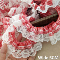 กว้าง 5 ซม.ใหม่สีแดงสีขาวลายสก๊อตจีบลูกไม้ 3d ดอกไม้ปักริบบิ้น Ruffle Trim DIY เสื้อผ้าอุปกรณ์เสริมผมเย็บผ้าบ้าน-dfgsrertersd