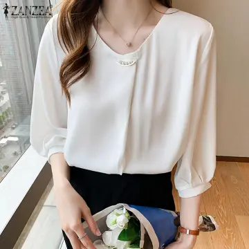 Clearance Sale)(Freeshipping) Fancystyle ZANZEA Korean Style Women Formal  Business Lapel Neck Satin Silky Shirts Office OL Work Solid Tops #11