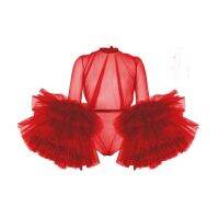 Sexy See Thru Red Women Jumpsuit 2020 With Puffy Full Sleeves Ruffles Tiered Tulle Rompers Womens