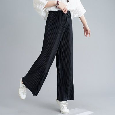 2022 New Casual Summer Slacks Pants Women Ice Silk Long Pleated  Trousers Female Slacks    Wide leg pants black