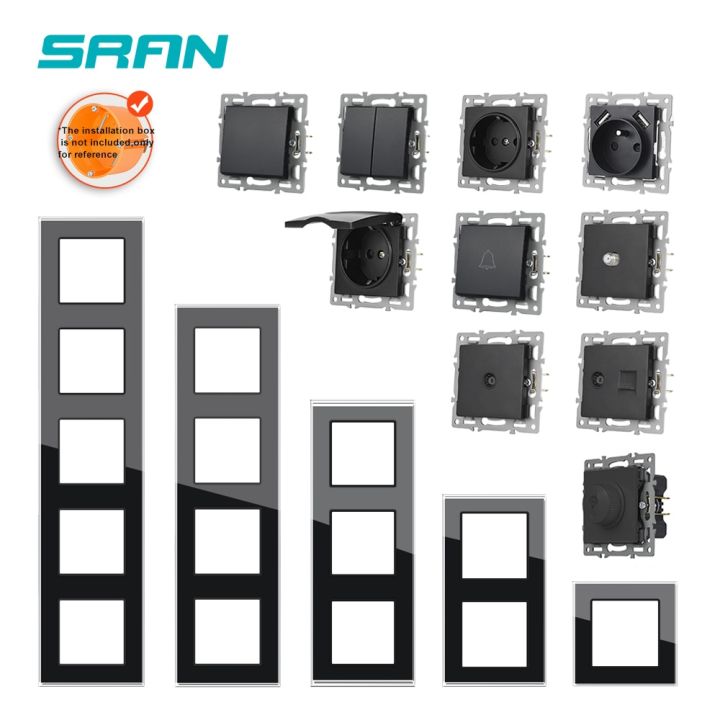 sran-f6-series-multiple-frames-black-tempered-glass-panel-eu-fr-un-sockets-and-switches-dimmer-fan-foot-lamp-rj45-rj11module-diy