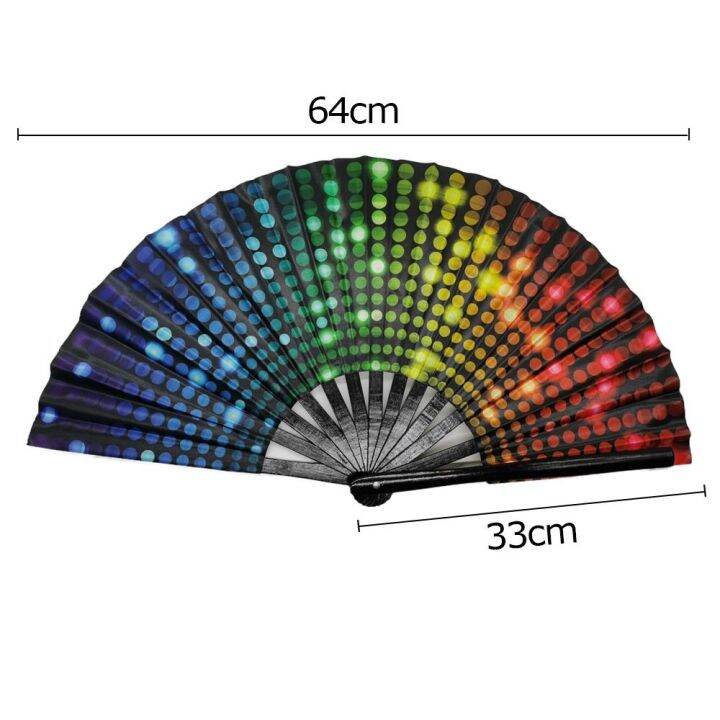 พัดมือพับได้ขนาดใหญ่จุดพัดลมแบบมือถือพิมพ์ลายสายรุ้งสำหรับเป็นของขวัญเทศกาลพัดสำหรับเต้นรำหลากสี