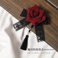 Lolita Gothic สาววัยรุ่น Handmade Bowknot Hairpin Dark Red Rose Scarlet อุปกรณ์เสริมผมลูกไม้คริสตัลจี้พู่ Headdress