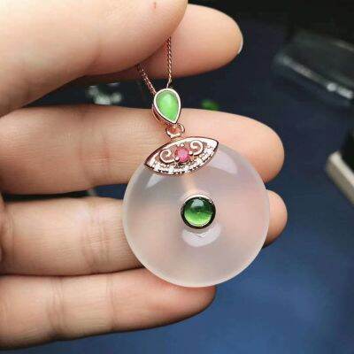 High Ice White Jade Donut Pendant With Green Jadeite Pink Gemstone Round Safety Buckle Jades Charms Necklace Women Sweater Chain