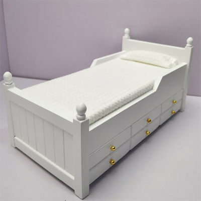 112 Dollhouse Miniature Accessories Mini White Bed with Drawer Simulation Furniture Model Toy for Doll House Decoration