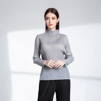 2023 Hot Miyake style pleated spring and autumn high-neck long-sleeved bottoming shirt solid color classic slim fit casual versatile top