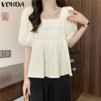 VONDA ผู้หญิงลำลองคอสี่เหลี่ยมเอวแยกพัฟแขนสั้นพื้นผิวด้านบน (สาเหตุเกาหลี)