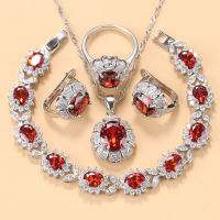 Flower Costume Red Garnet Bridal Big Jewelry Sets AAA+ Red Garnet Zirconia Clip Earrings And Necklace Pendant Bracelet For Women