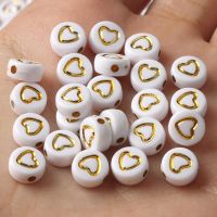 100Pcs Gold Heart Pattern Flat Round Acrylic Beads Spacer Loose Beads For Jewelry Making DIY Women Children Bracelet Necklace