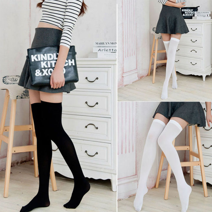 Lianla 1pair New Arrival Fashion New Design Over Knee Socks Skinny Black White Skinny Stockings