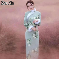 Zhu Xia ชุดกี่เพ้ากำมะหยี่หนา2023ใหม่สไตล์หนุ่มสาวปรับปรุงแขนยาวยาวปานกลาง