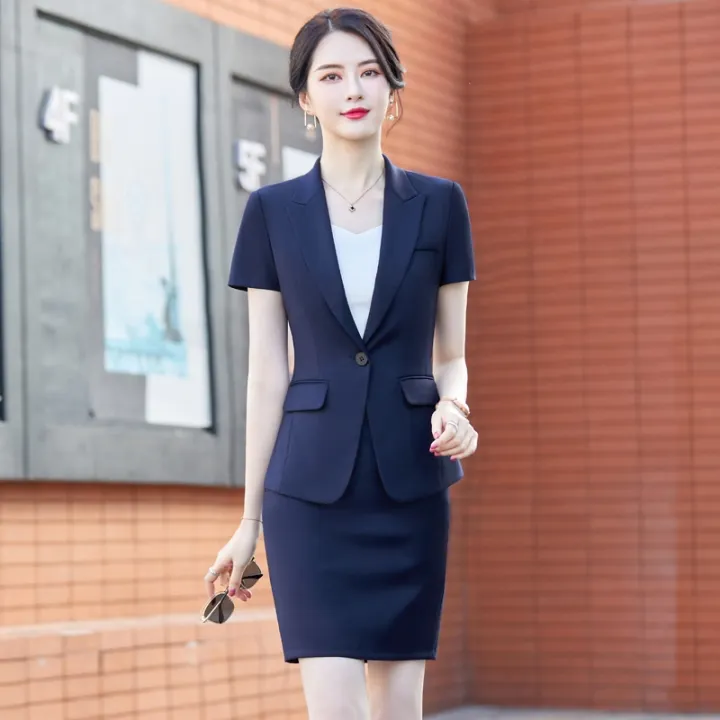 【ready】 Formal Ladies Blazer Women Business Suits Skirt And Jacket Set Short Sleeve Work Summer