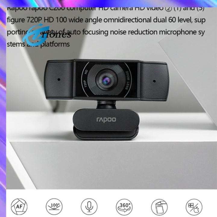 กล้องเว็บแคม-c200-rapoo-720p-hd-พร้อม-usb2-0กล้องไมโครโฟนหมุนได้สำหรับการถ่ายทอดสดการประชุมทางโทรศัพท์