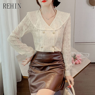 REHIN ผู้หญิงฤดูใบไม้ร่วงใหม่ Ruffle Collar Lace เสื้อแขนยาว Double-Breasted Trend เสื้อ